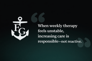 Foundations Group Recovery Centers graphic with logo and message reading “When weekly therapy feels unstable, increasing care is responsible—not reactive.”